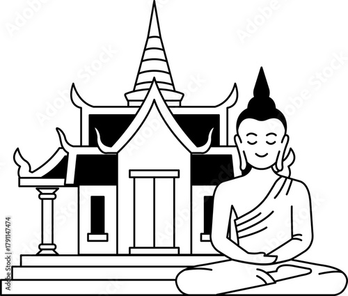 black and white Illustration of a big Buddhist monk in front of the temple