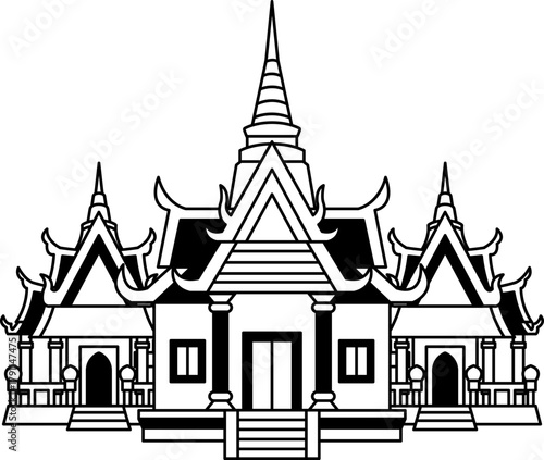 black and white Illustration of a thai temple