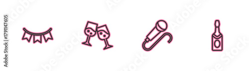 Set line Carnival garland with flags, Microphone, Glass of champagne and Champagne bottle icon. Vector
