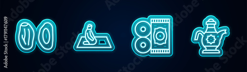 Set line Date fruit, Muslim man prays, Traditional carpet and Islamic teapot. Glowing neon icon. Vector