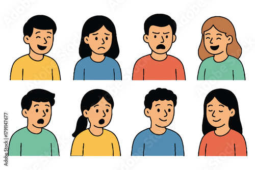 Diverse group of people expressing various emotions through cartoon portraits