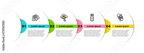 Set line Lock with heart, Bonsai tree, Korean lantern and South won coin. Business infographic template. Vector