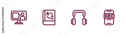 Set line Foreign language online study, Headphones, Translator book and icon. Vector