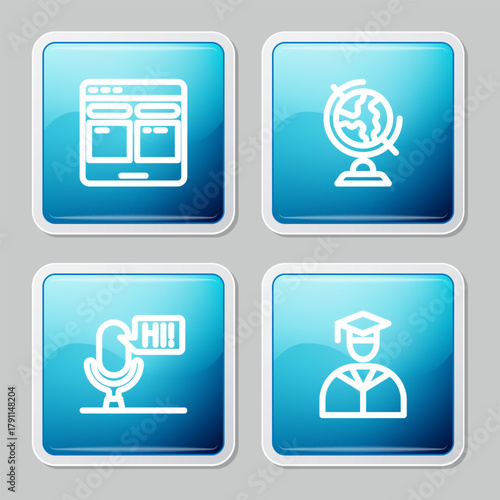 Set line Online translator, Earth globe, Microphone voice device and Graduate and graduation cap icon. Vector