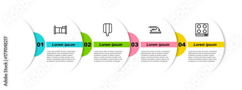 Set line Bed, Cutting board, Electric iron and Gas stove. Business infographic template. Vector