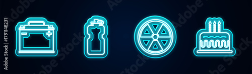 Set line Car battery, Sport bottle with water, Radioactive and Cake burning candles. Glowing neon icon. Vector