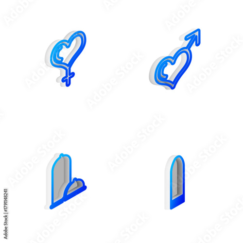 Set Isometric line Male gender and heart, Female, Condoms safe sex and Dildo vibrator icon. Vector