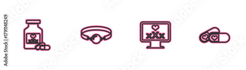 Set line Bottle with pills for potency, Monitor 18 plus content, Silicone ball gag and Pills icon. Vector