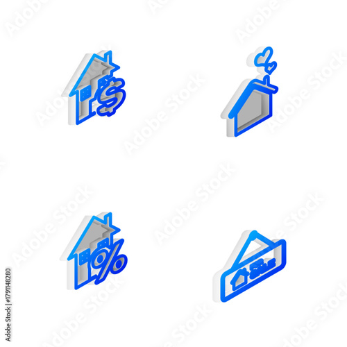 Set Isometric line House with heart shape, dollar, percant and Hanging sign For Sale icon. Vector