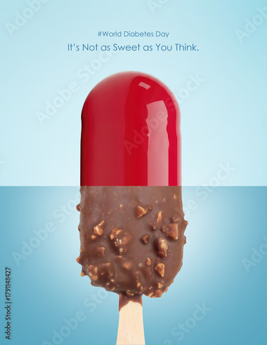 Creative Visual Concept for World Diabetes Day - Half  sweet chocolate Ice cream and Half Capsule. Sugar vs Medicine