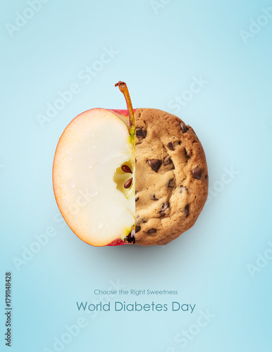Half Apple Half Chocolate Chip Cookie – Healthy vs Sugary Treat Concept for World Diabetes Day