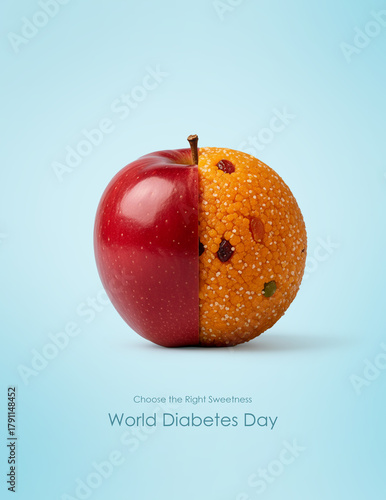 Creative Visual Concept for World Diabetes Day - Half  red apple and Half mothichoor laddu, Sugar vs Healthy food