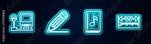 Set line Bus stop, Pencil and line, Audio book and Measuring height length. Glowing neon icon. Vector