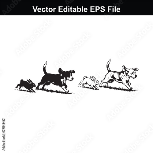 A dog chasing a rabbit on a