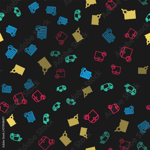 Set line Verification of delivery list, Delivery truck in movement, Search barcode and Package box with check mark on seamless pattern. Vector