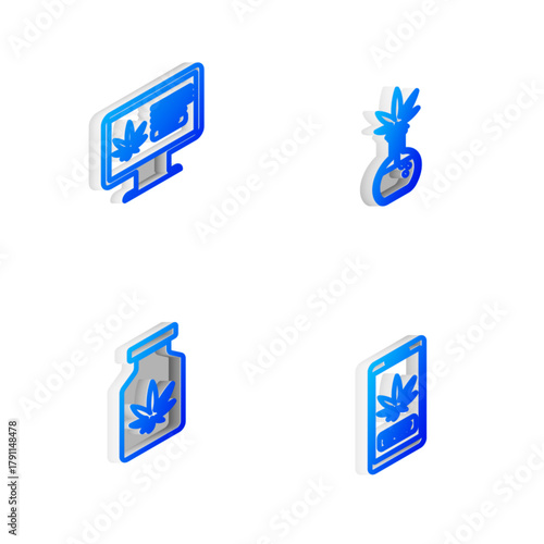 Set Isometric line Test tube with marijuana, Online buying, Medical bottle and icon. Vector