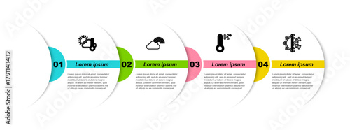 Set line Thermometer and cloud, sun, Rainbow with, Meteorology thermometer and Sun snowflake. Business infographic template. Vector
