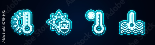 Set line Thermometer with sun, UV protection, Meteorology thermometer and Water. Glowing neon icon. Vector