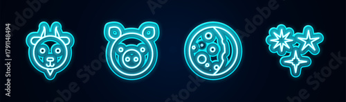 Set line Aries zodiac, Pig, Eclipse of the sun and Falling star. Glowing neon icon. Vector