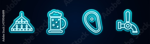 Set line Massive steel chandelier, Wooden beer mug, Steak meat and Beer tap. Glowing neon icon. Vector