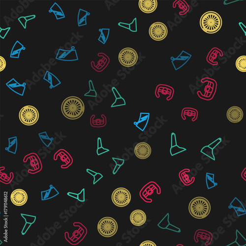 Set line Windscreen wiper, Car handbrake, wheel and Sport steering on seamless pattern. Vector