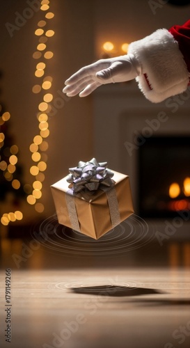 Santa Claus's hand magically levitating a Christmas gift. Vertical photo of a floating present in a cozy home with a fireplace. Holiday surprise and wonder concept