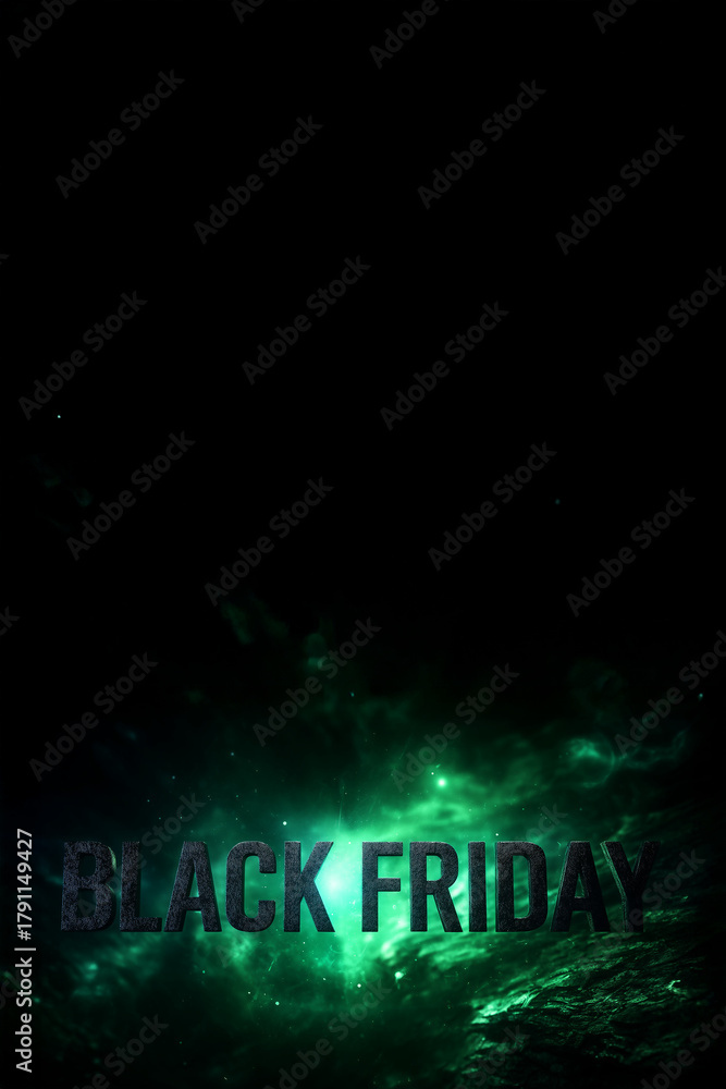 Obraz premium Texte en anglais “Black Friday” en lettres sombres avec effet lumineux vert sur fond noir avec espace négatif copyspace, soldes et promotions du Black Friday fin novembre