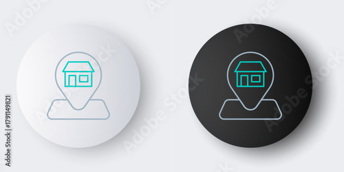 Line Map pin with Shopping building or market store icon isolated on grey background. Shop construction. Colorful outline concept. Vector