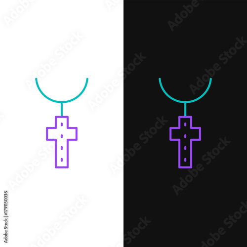 Line Christian cross on chain icon isolated on white and black background. Church cross. Colorful outline concept. Vector
