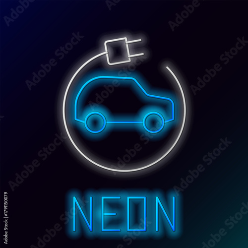 Glowing neon line Electric car and electrical cable plug charging icon isolated on black background. Renewable eco technologies. Colorful outline concept. Vector