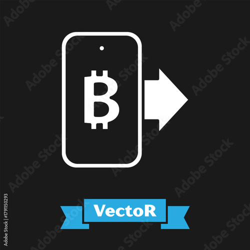 White Mining bitcoin from mobile icon isolated on black background. Cryptocurrency mining, blockchain technology service. Vector