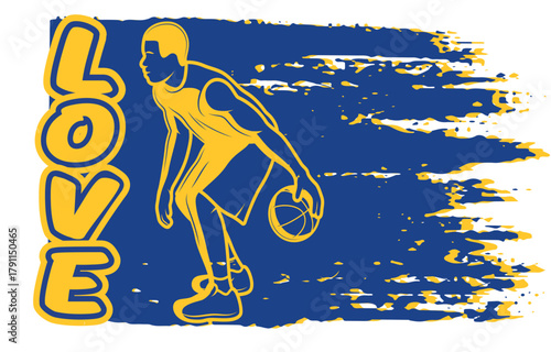 Urban basketball design with player silhouette and LOVE lettering over grunge brush strokes in blue and gold yellow. Modern sporty street style vector.
