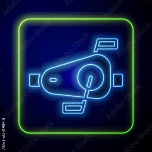 Glowing neon Bicycle pedals icon isolated on blue background. Vector