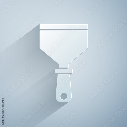 Paper cut Putty knife icon isolated on grey background. Spatula repair tool. Spackling or paint instruments. Paper art style. Vector