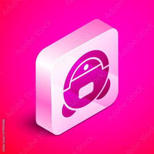 Isometric Robot vacuum cleaner icon isolated on pink background. Home smart appliance for automatic vacuuming, digital device for house cleaning. Silver square button. Vector