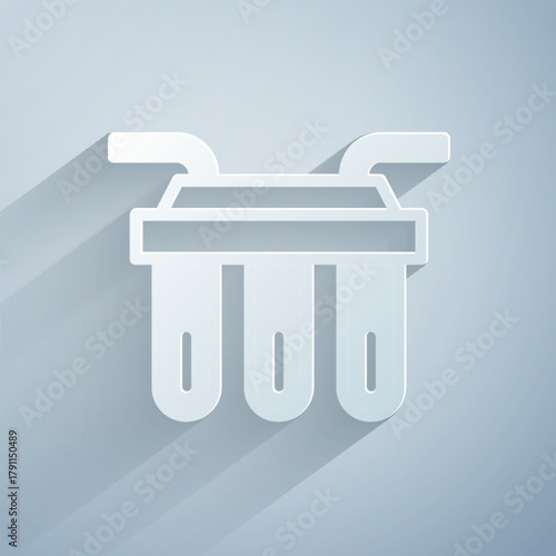 Paper cut Water filter icon isolated on grey background. System for filtration of water. Reverse osmosis system. Paper art style. Vector