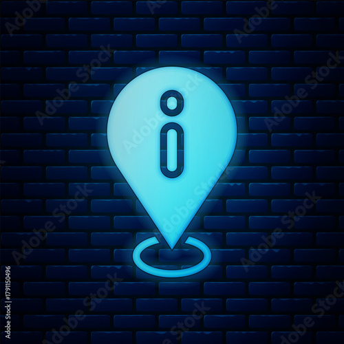 Glowing neon Location with information icon isolated on brick wall background. Vector