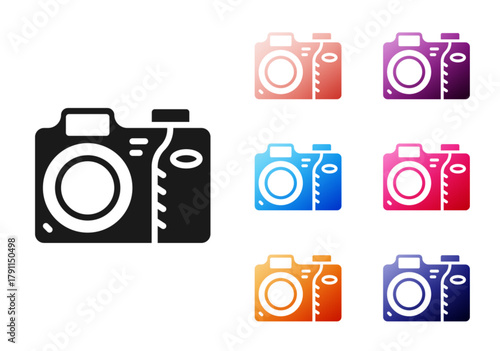 Black Photo camera icon isolated on white background. Foto camera icon. Set icons colorful. Vector