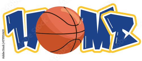 Bold HOME lettering with basketball replacing the “O”, stylish blue and gold yellow palette. Modern sporty vector ideal for prints, apparel, and team-themed designs.