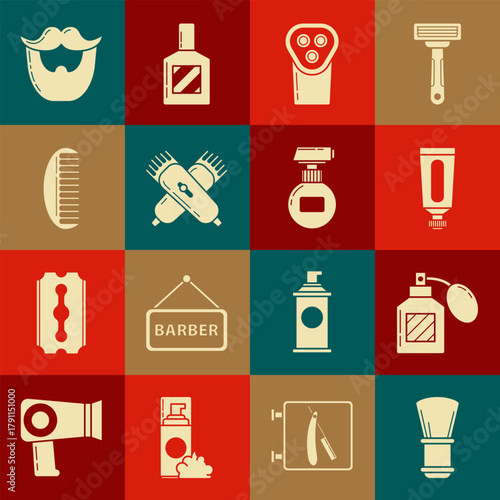 Set Shaving brush, Aftershave, Cream or lotion cosmetic tube, Electrical hair clipper shaver, Crossed electrical, Hairbrush, Mustache and beard and icon. Vector