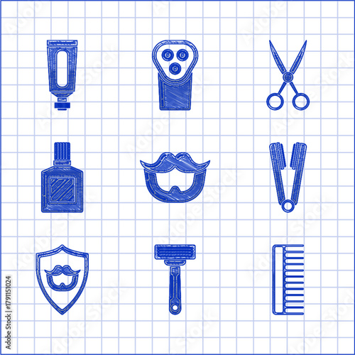 Set Mustache and beard, Shaving razor, Hairbrush, Curling iron for hair, shield, Aftershave, Scissors hairdresser and Cream lotion cosmetic tube icon. Vector