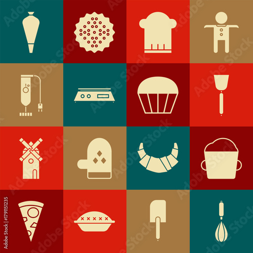 Set Kitchen whisk, Bakery bowl dough, Spatula, Chef hat, Electronic scales, Blender, Pastry bag for decorate cakes and Muffin icon. Vector