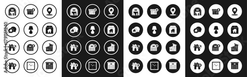 Set Map pointer with house, Table lamp, House building speech bubble, Warehouse, Cardboard box, dollar symbol, and shield icon. Vector