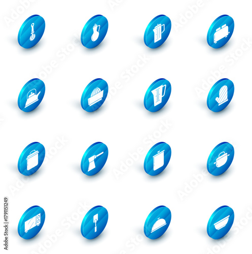 Set Bottle of olive oil, Teapot, Toaster with toasts, Kettle handle, Cooking, Citrus fruit juicer, Oven glove and Measuring cup icon. Vector