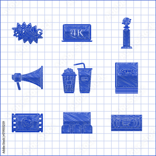 Set Popcorn and soda drink glass, , VHS video cassette tape, Scenario, Play Video, Megaphone, Trophy Golden Globe and Bang boom text speech bubble balloon icon. Vector