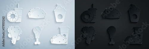 Set Chicken leg, Popcorn in cardboard box, Sandwich, Paper glass taco with tortilla, Taco and drinking straw donut icon. Vector