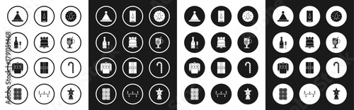 Set Cookie or biscuit with chocolate, Champagne bottle and glass of champagne, Santa Claus hat, Mulled wine drink, Smartphone gift box, candy cane stripes and sweater icon. Vector