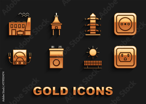 Set Car battery, Electrical outlet, in the USA, Solar energy panel and sun, Ampere meter, multimeter, voltmeter, High voltage power pole line, Coal plant factory and plug icon. Vector
