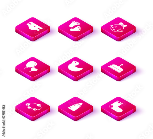 Set Rattle baby toy, Baby bottle, Balloons in form of heart, Rubber duck, socks clothes, Cake with burning candles, Happy little girl head and footprints icon. Vector