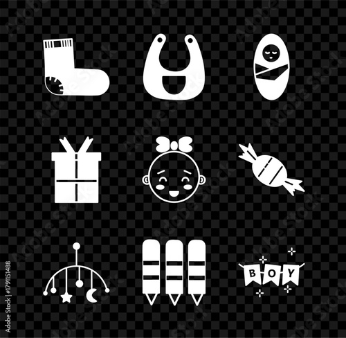 Set Baby socks clothes, bib, Newborn baby infant swaddled, crib hanging toys, Wax crayons for drawing, Carnival garland with flags, Gift box and Happy little girl head icon. Vector